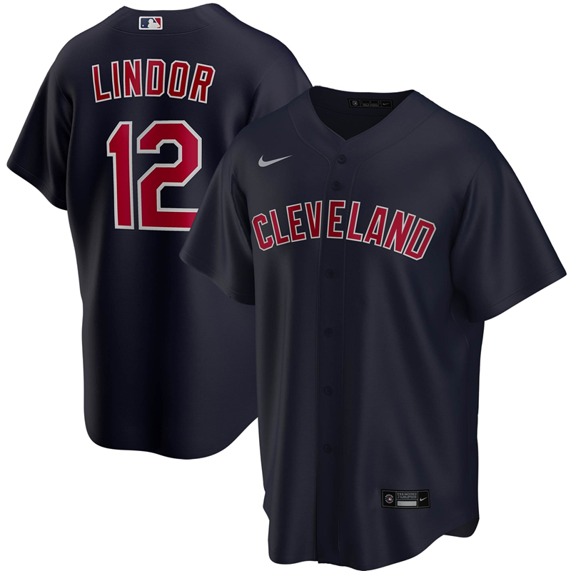 2020 MLB Men Cleveland Indians 12 Francisco Lindor Nike Navy Alternate 2020 Replica Player Jersey 1